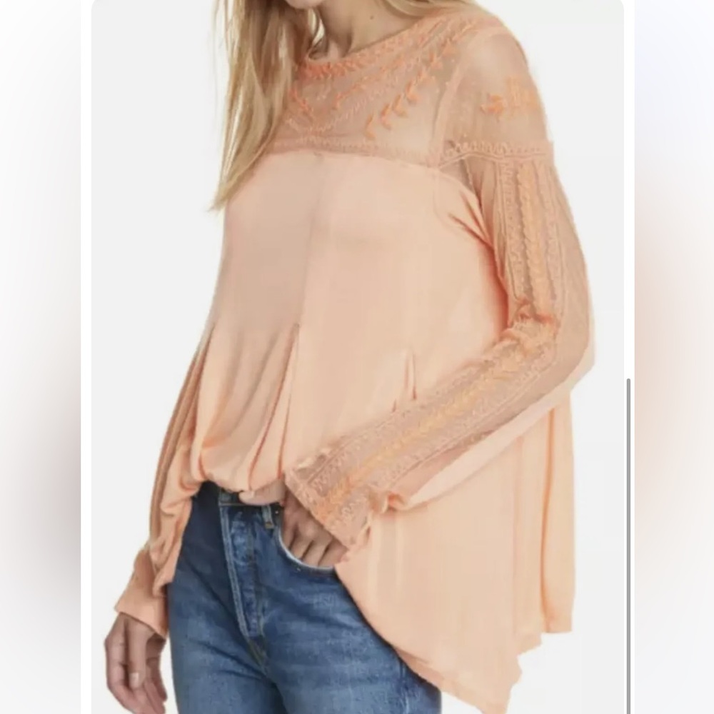 Free People Jojo Embroidered Mixed Media Long Sleeve Top Coral Size Small - Picture 2 of 11
